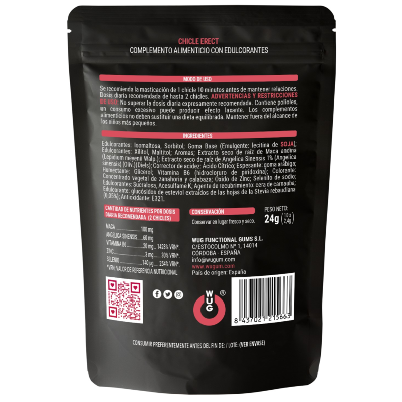 WUG ERECT – Chicle funcional con Maca, Zinc y Vitaminas para potenciar la energía y el rendimiento masculino