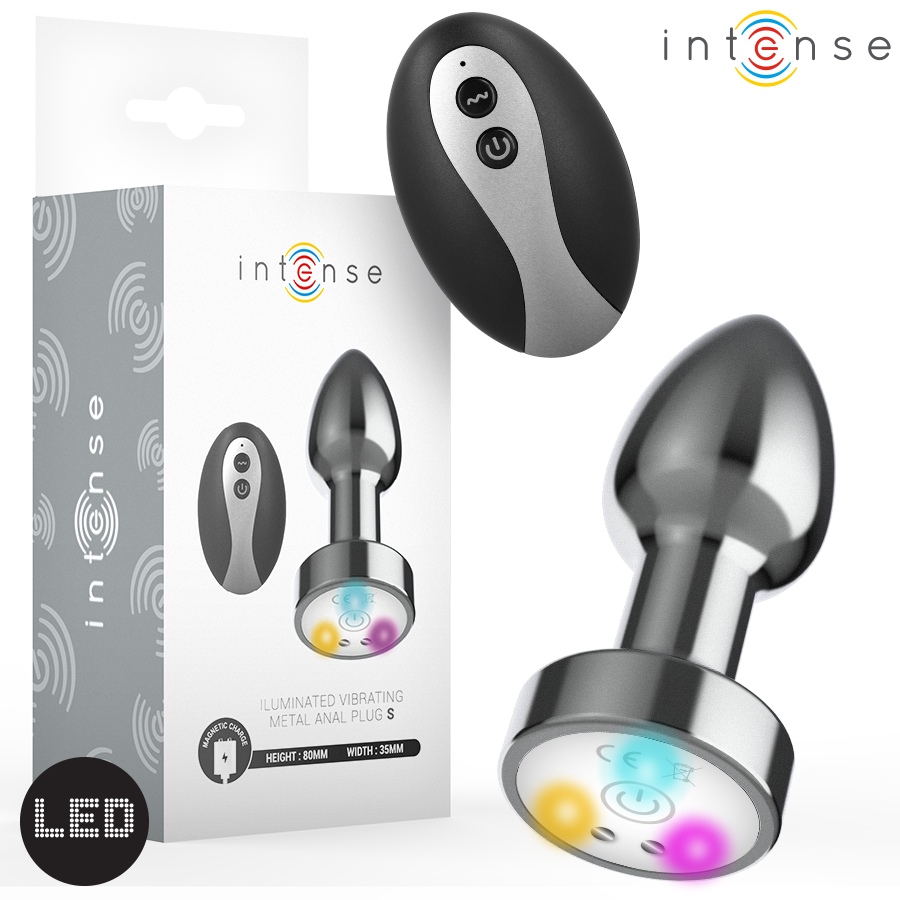 INTENSE - PLUG ANAL TALLA S DE METAL VIBRADOR CON LUCES LED MULTICOLOR Y CONTROL REMOTO