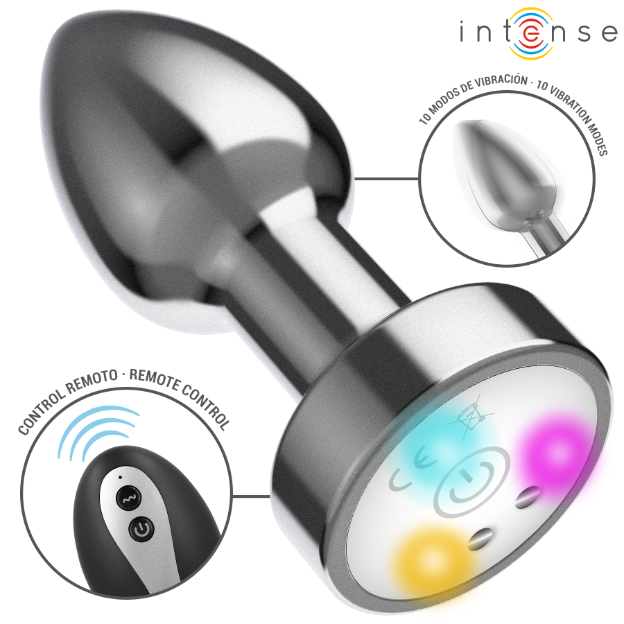 INTENSE - PLUG ANAL TALLA S DE METAL VIBRADOR CON LUCES LED MULTICOLOR Y CONTROL REMOTO