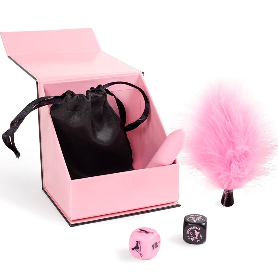 SECRETPLAY - CAJA DE PLACERES PARA PAREJAS DADOS + BALA VIBRADORA + PLUMERO