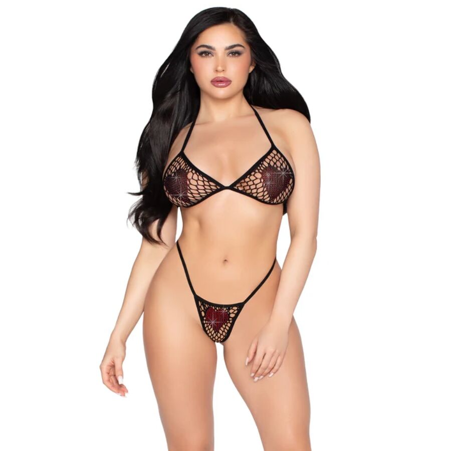 LEG AVENUE - 86147 TOP DE BRA DE RED Y PANTY G-STRING NEGRO - TALLA ÚNICA