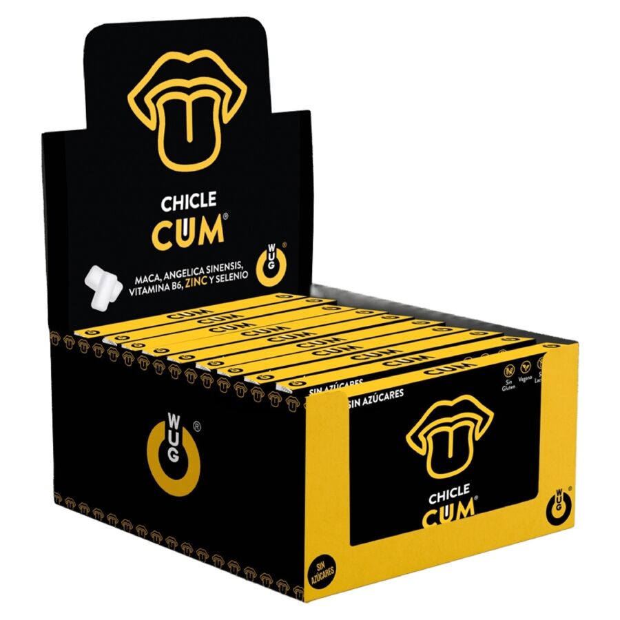 WUG CUM – DISPLAY 12 X 8 UDS | Chicle funcional con sabor a plátano para potenciar la fertilidad, vitalidad y energía masculina
