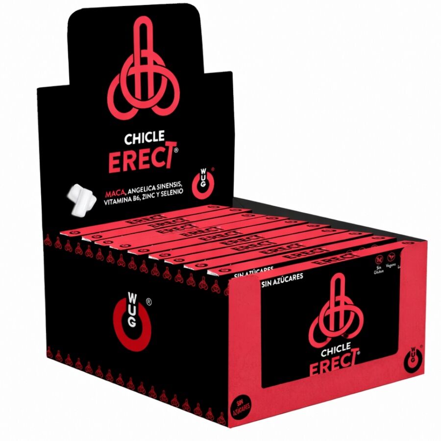 WUG ERECT – DISPLAY 12 X 8 UDS | Chicle funcional con Maca, Zinc y Vitaminas para potenciar la energía y el rendimiento masculino
