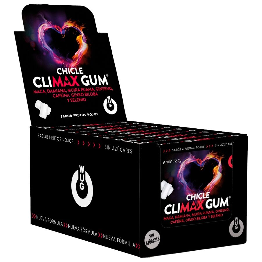 WUG Climax – DISPLAY 12 X 8 UDS | Chicle funcional con Maca, Damiana y Ginseng para potenciar el deseo y la vitalidad íntima