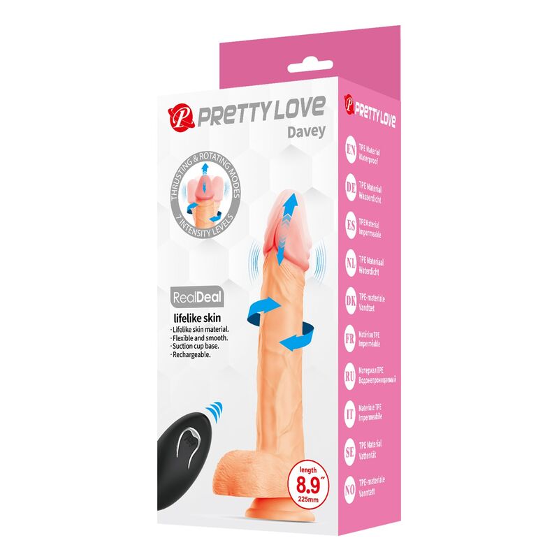 PRETTY LOVE - DAVEY DILDO VIBRADOR CON EMPUJE Y ROTACIÓN 22,5 CM Ø 4,8 CM COLOR NATURAL