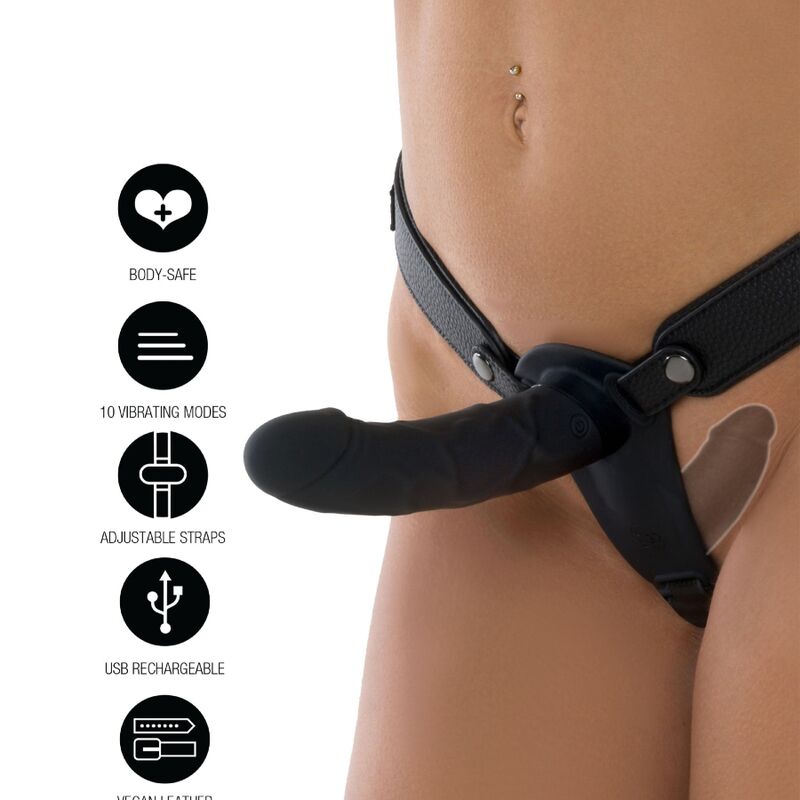 HIDDEN DESIRE - INFERNO ARNÉS CON DOBLE DILDO VIBRADOR DE SILICONA 14 CM CONTROL REMOTO NEGRO