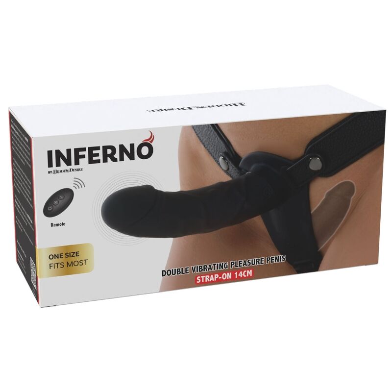 HIDDEN DESIRE - INFERNO ARNÉS CON DOBLE DILDO VIBRADOR DE SILICONA 14 CM CONTROL REMOTO NEGRO