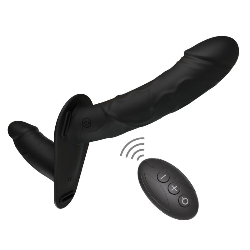HIDDEN DESIRE - INFERNO ARNÉS CON DOBLE DILDO VIBRADOR DE SILICONA 14 CM CONTROL REMOTO NEGRO