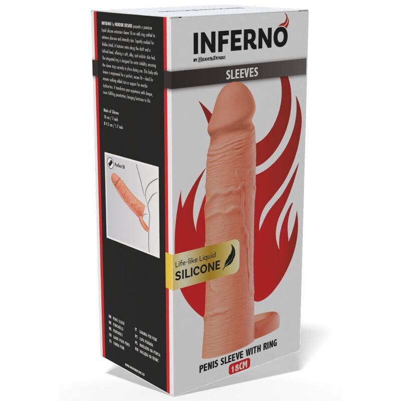 HIDDEN DESIRE - INFERNO FUNDA EXTENSORA DE SILICONA LÍQUIDA CON ANILLO 18 CM Ø 4,5 CM COLOR PIEL