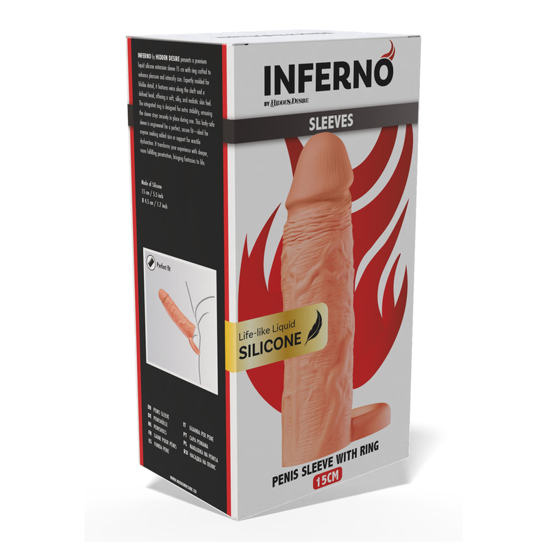 HIDDEN DESIRE - INFERNO FUNDA EXTENSORA DE SILICONA LÍQUIDA CON ANILLO 15 CM - Ø 4,5 CM COLOR PIEL