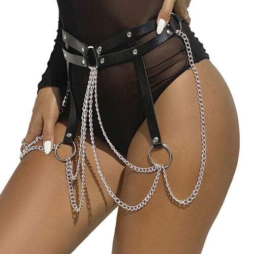 SUBBLIME - CINTURON DE CADENAS ANILLAS CUERO NEGRO TALLA NICA