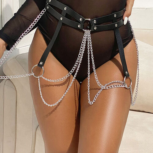 SUBBLIME - CINTURON DE CADENAS ANILLAS CUERO NEGRO TALLA NICA