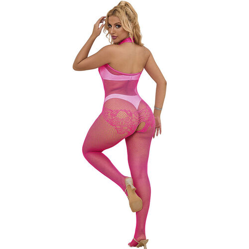 SUBBLIME - 952389 BODYSTOCKING CROTCHLESS DE REJILLA Y ENCAJE CON CUELLO ALTO ROSA TALLA ÚNICA