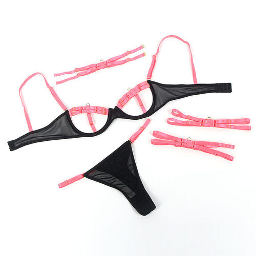 SUBBLIME - 955304 SET SUJETADOR CON COLLAR Y DETALLES PARA PIERNAS ROSA FLUORESCENTE L/XL