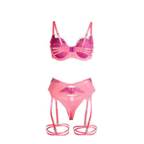 SUBBLIME - 955359 SET SUJETADOR CON ENCAJE Y LIGUEROS ROSA Y MORADO S/M