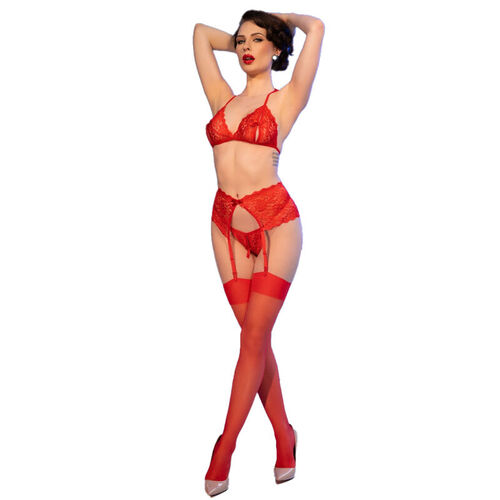 CHILIROSE - CR 4848 SET SUJETADOR + TANGA + MEDIAS DE ENCAJE ROJO S